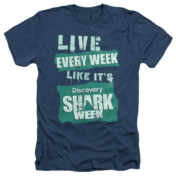 Shark Week Officially Licensed Live Every Week Unisex Adult Heather T Shirt, Navy Heather, Medium