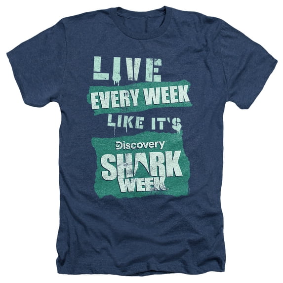Shark Week Officially Licensed Live Every Week Unisex Adult Heather T Shirt, Navy Heather, Small