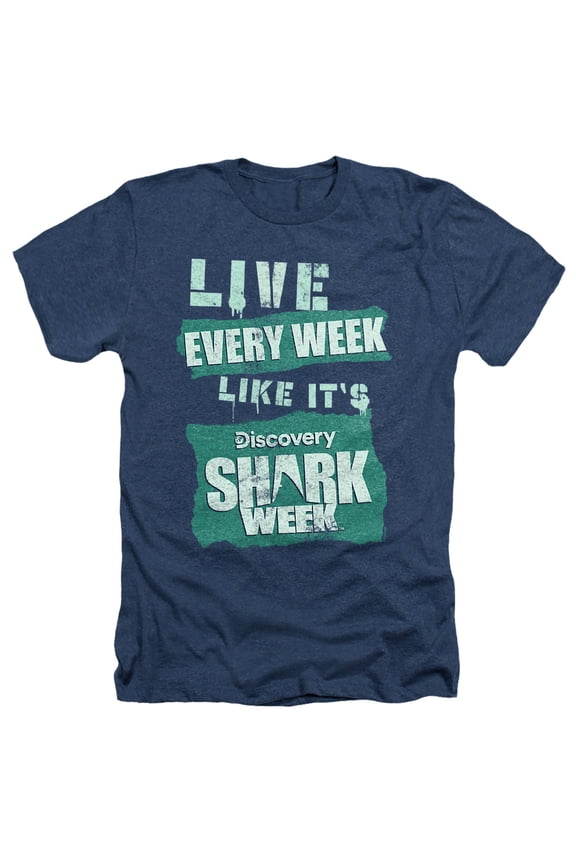 Shark Week Officially Licensed Live Every Week Unisex Adult Heather T Shirt, Navy Heather, X-Large
