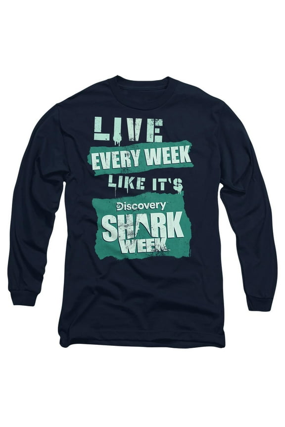 Shark Week Officially Licensed Live Every Week Unisex Adult Long-Sleeve T Shirt, Navy, 2X-Large