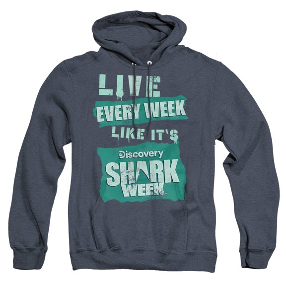 Shark Week Officially Licensed Live Every Week Unisex Adult Pull-Over Heather Hoodie, Navy Heather, 2X-Large