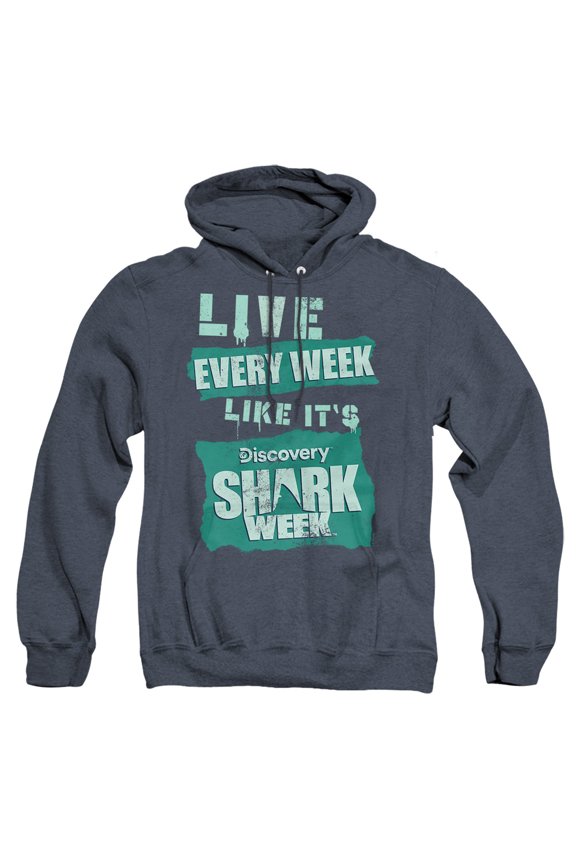 Shark Week Officially Licensed Live Every Week Unisex Adult Pull-Over Heather Hoodie, Navy Heather, 2X-Large