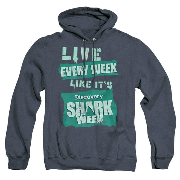 Shark Week Officially Licensed Live Every Week Unisex Adult Pull-Over Heather Hoodie, Navy Heather, 3X-Large