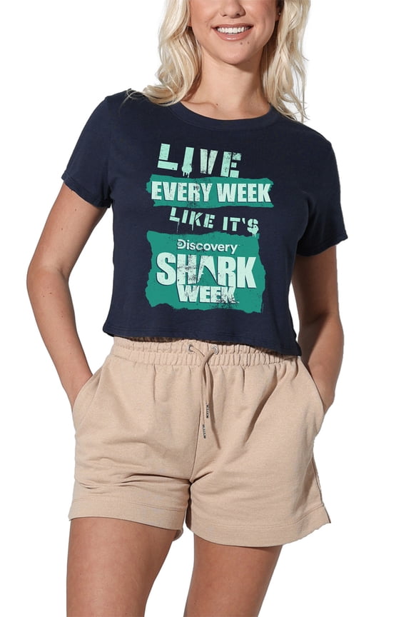Shark Week Officially Licensed Live Every Week Women's Crop Top T-Shirt, Navy, Medium