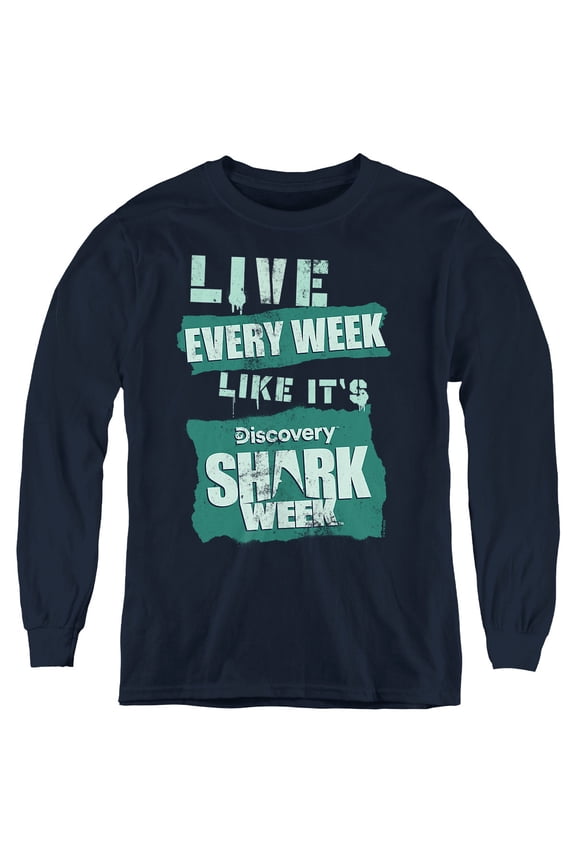 Shark Week Officially Licensed Live Every Week Youth Long Sleeve T Shirt, Navy, Large