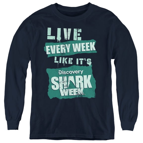 Shark Week Officially Licensed Live Every Week Youth Long Sleeve T Shirt, Navy, Medium