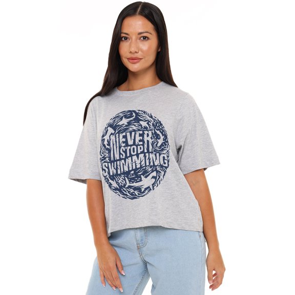 Shark Week Officially Licensed Never Stop Swimming Women's Boxy Cropped T-Shirt Casual Graphic Tee