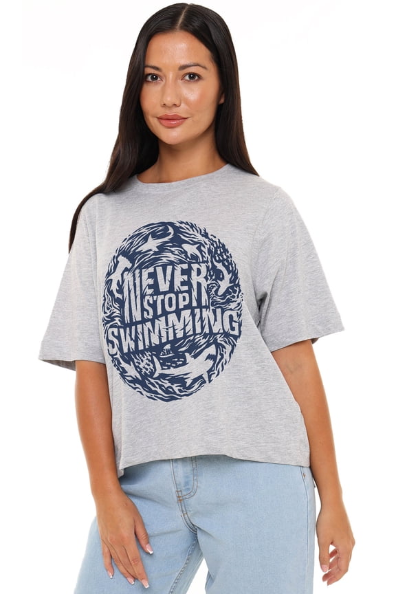 Shark Week Officially Licensed Never Stop Swimming Women's Boxy Cropped T-Shirt Casual Graphic Tee