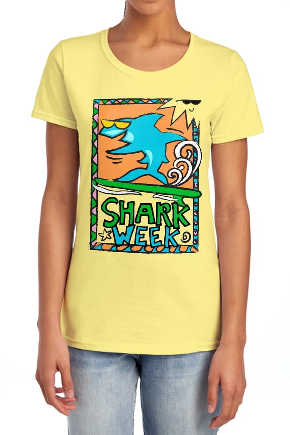 Shark Week Officially Licensed Rad Surfing Shark Women's T Shirt, Banana, Medium