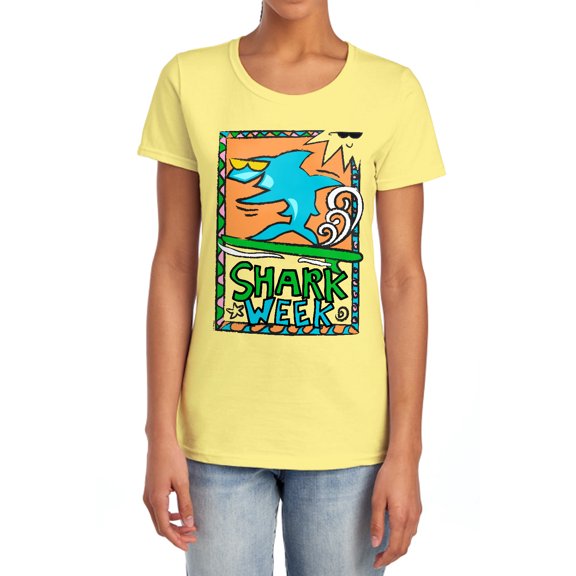 Shark Week Officially Licensed Rad Surfing Shark Women's T Shirt, Banana, Small