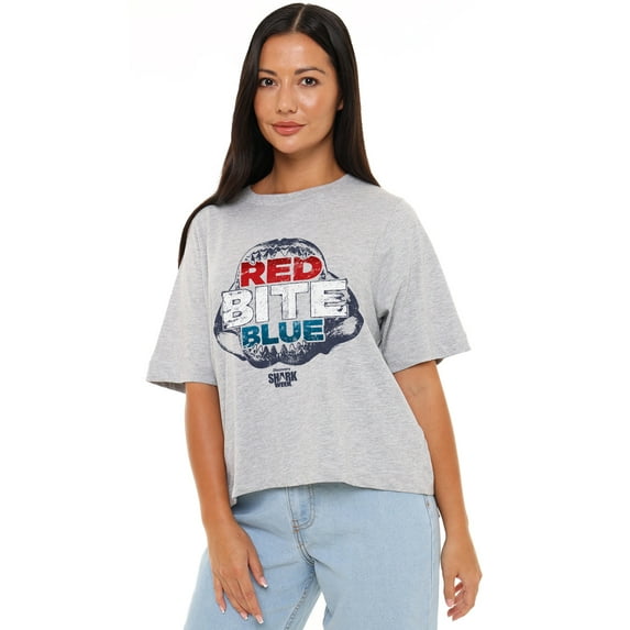 Shark Week Officially Licensed Red Bite And Blue Women's Boxy Cropped T-Shirt Casual Graphic Tee