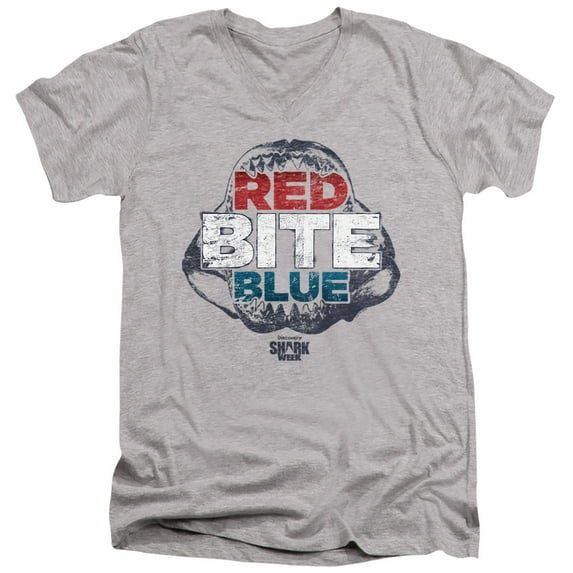 Shark Week Officially Licensed Red Bite and Blue Unisex Adult V-Neck T Shirt (Medium) Athletic Heather