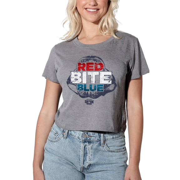 Shark Week Officially Licensed Red Bite and Blue Women's Crop Top T-Shirt, Athletic Heather, Medium