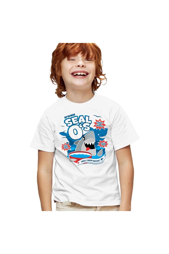 Shark Week Officially Licensed Shark Cereal Kids T Shirt for Youth Boys and Girls, White, Medium