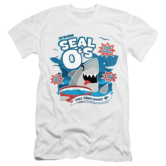 Shark Week Officially Licensed Shark Cereal Unisex Adult Canvas Brand T Shirt, White, Small