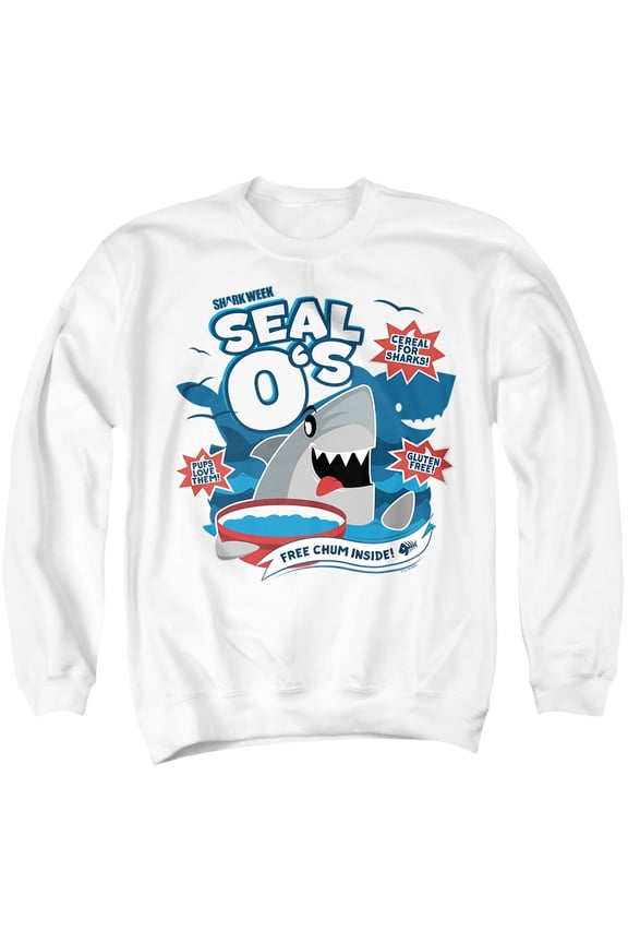 Shark Week Officially Licensed Shark Cereal Unisex Adult Crewneck Sweatshirt, White, Large