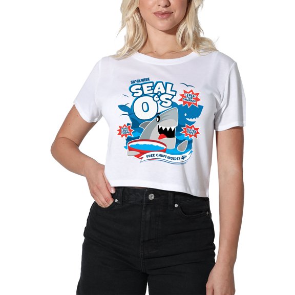 Shark Week Officially Licensed Shark Cereal Women's Crop Top T-Shirt, White, X-Large