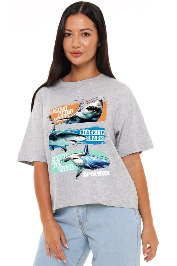Shark Week Officially Licensed Shark Stripes Women's Boxy Cropped T-Shirt Casual Graphic Tee