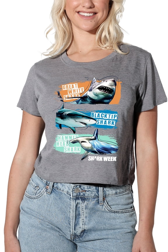 Shark Week Officially Licensed Shark Stripes Women's Crop Top T-Shirt, Athletic Heather, Medium