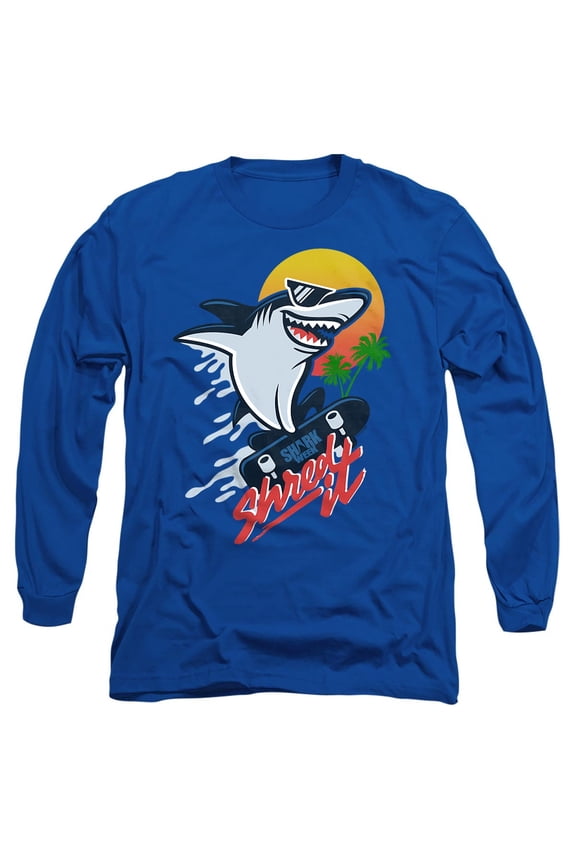 Shark Week Officially Licensed Skate Boarding Shark Unisex Adult Long-Sleeve T Shirt, Royal, Medium