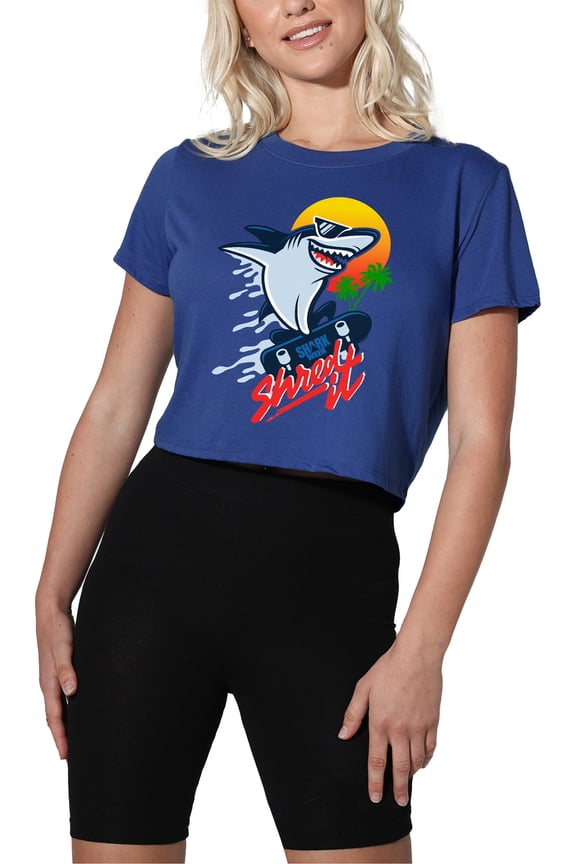 Shark Week Officially Licensed Skate Boarding Shark Women's Crop Top T-Shirt, Royal, Large