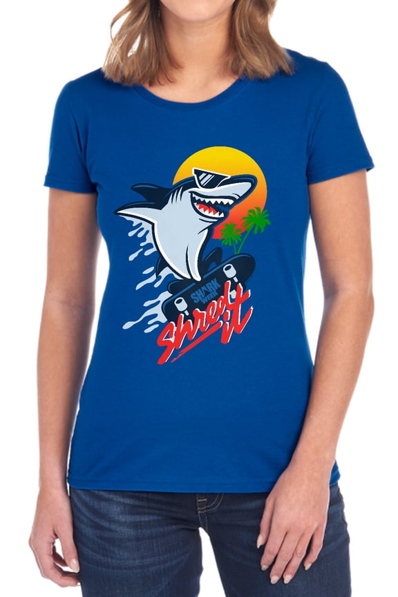 Shark Week Officially Licensed Skate Boarding Shark Women's T Shirt, Royal, Medium