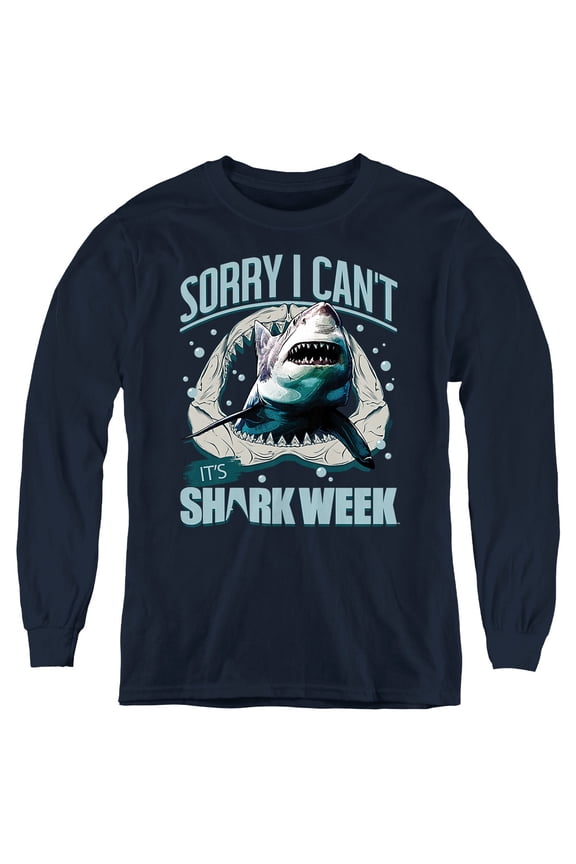 Shark Week Officially Licensed Sorry I Can't Youth Long Sleeve T Shirt, Navy, Large