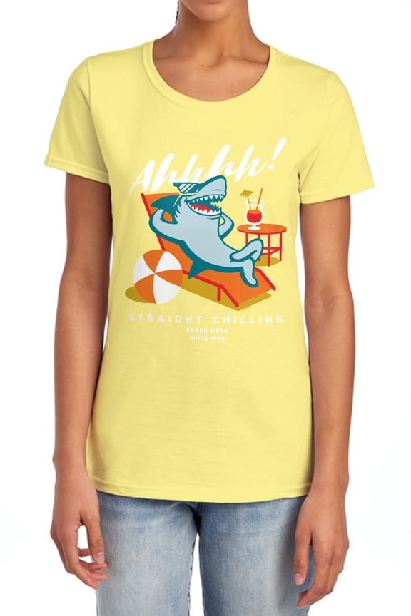 Shark Week Officially Licensed Sunbathing Shark Women's T Shirt, Banana, Small