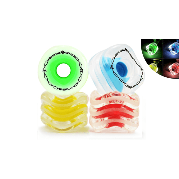 Shark Wheels Firefly Skateboard Wheels 78a 70mm Translucent with Blue, Red, Green, Yellow Lights
