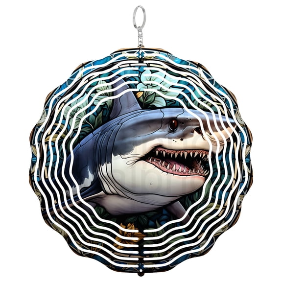 Shark Wind Spinner Metal Outdoor Decor Stained Glass Art Blue Teal