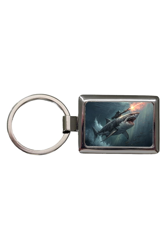 Shark With Laser Gun Mounted On Its Back Metal Rectangle Keychain