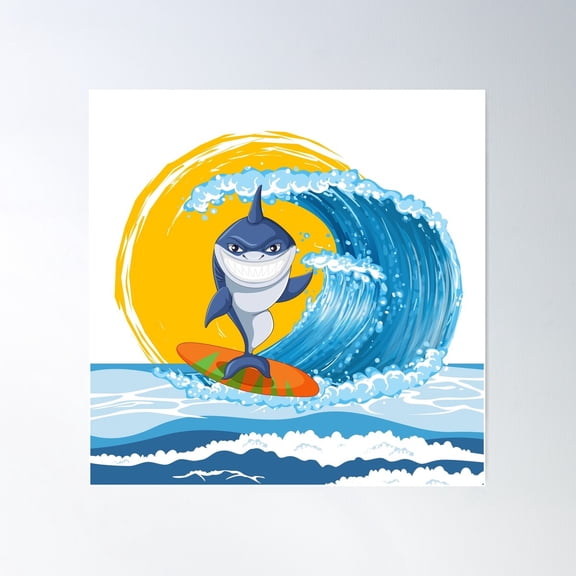 Shark With Smile In The Face Surfing In The Big Wave Poster Wall Art, Modern Wall Decor For Living Room Bedroom, 30x30 UNFRAMED