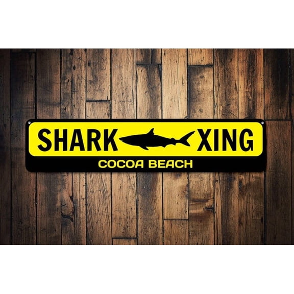 Shark X-ing Sign Custom Shark Crossing Sign Kid Name/Beach Location Sign Metal Shark Decor Shark Area - Size: 16 x 4 Inches