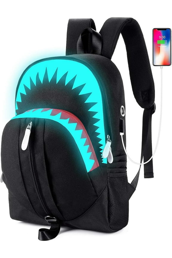 Shark Youth Backpack - Fashionable and Cool LED Schoolbag for Leisure and Waterproof Travel Use - USB Computer Bag