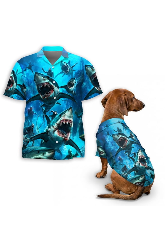 Shark Zombie Horror Hawaiian Shirt, Great White Shark and Zombie Ocean Graphic Button Down Shirt for Adults or Dogs, Short Sleeve Summer Shirt