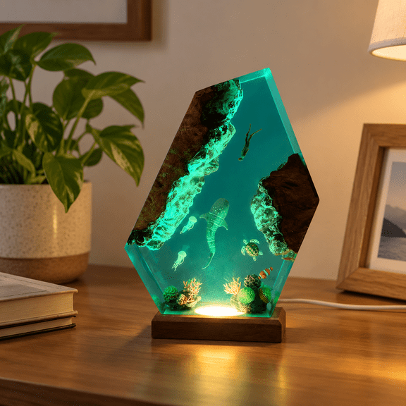 Shark and Diver Small Handmade Epoxy Wood Aquatic LED Night Light Desktop Decor