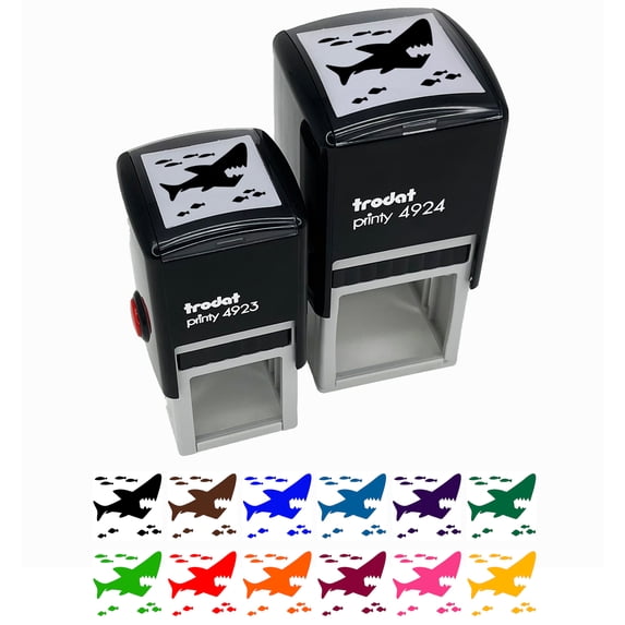 Shark and School of Fish Self-Inking Rubber Stamp Ink Stamper - Blue Ink - Large 1-1/2 Inch