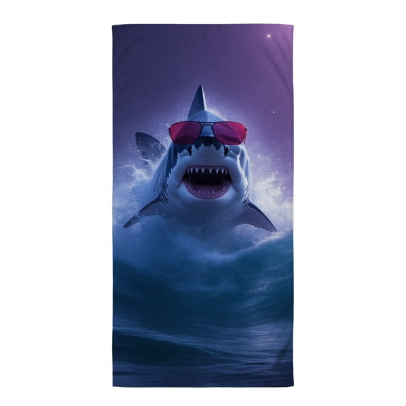 Shark beach towel A shark wearing sunglasses in the ocean with a purple background. swim towels for adults long beach towel oversized microfiber beach towel must haves for beach trips
