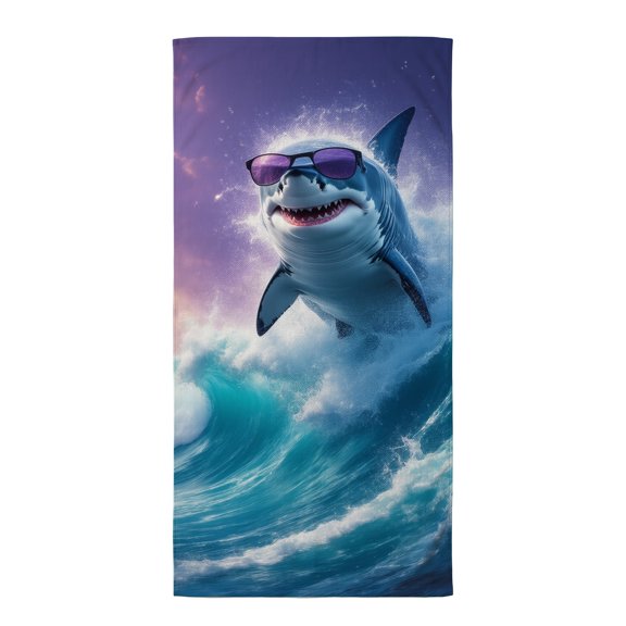 Shark beach towels A shark wearing sunglasses riding a wave in the ocean. beach towels cute 32" X 71" beach towels microfiber beach accessories for women