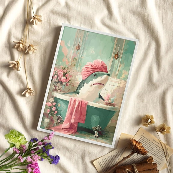 Shark in Bathtub Wall Art Cute Bathroom Animal Decor, Stretched Canvas Size 8x12