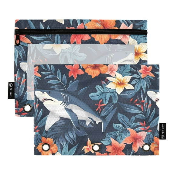 Shark in Flowers and Leaves 2 Pack Pencil Pouch for 3 Ring Binder Smooth Zipper Folders with Pockets Clear Window Pencil Case