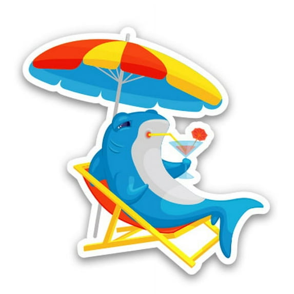 Shark on Vacation Cute Tropical Relaxing - 3" Vinyl Sticker - For Car Laptop Water Bottle Phone - Waterproof Decal