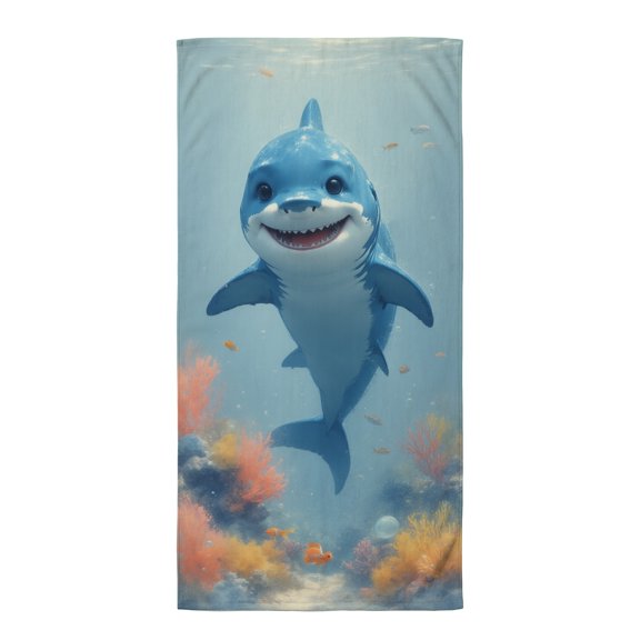 Shark oversized beach towels A cartoon shark swimming in the ocean with corals and fish. quick dry beach towels extra long beach towels micro fiber beach towels for adults beach essentials for adults