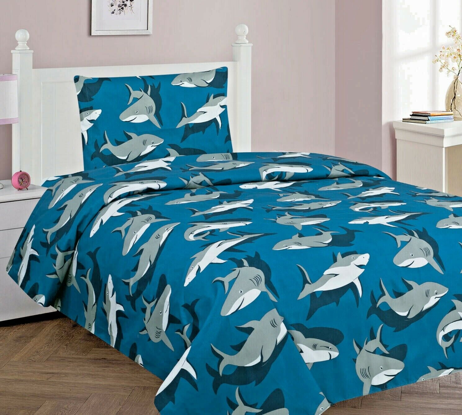 Shark teal complete TWIN sheet set for kid's boys girls bedding bed set printed design multi-color easy wash super soft