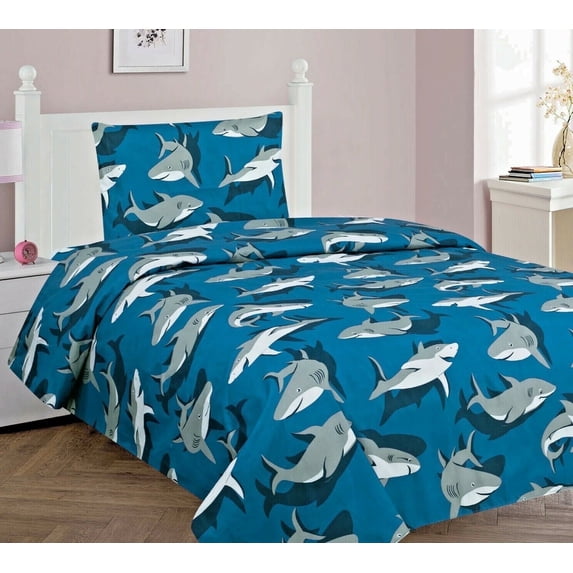 Shark teal complete TWIN sheet set for kid's boys girls bedding bed set printed design multi-color easy wash super soft