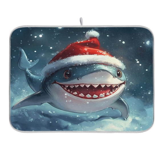 Shark with Christmas Hat Dish Drying Mat 16x18 Absorbent Microfiber Draining Rack Pad for Kitchen Counter Sink