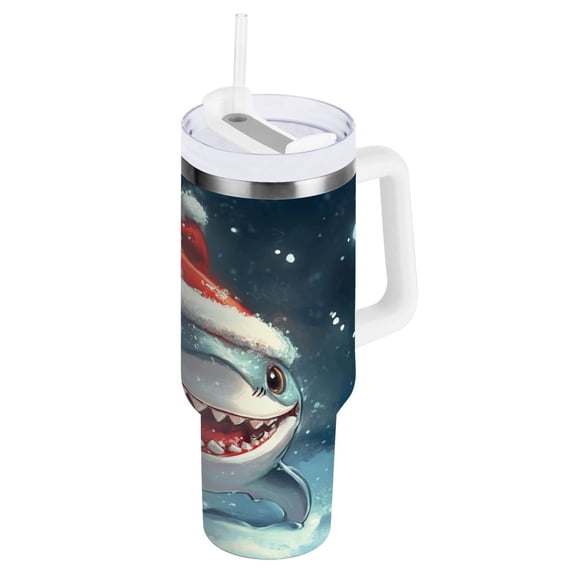 Shark with Christmas Hat Tumbler with Handle and Straw Lid 40 oz Insulated Vacuum Water Bottle Stainless Steel Travel Cup