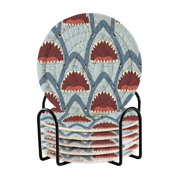 Shark with Open Mouth Pattern Bar Coasters 6 Pack Braided Coasters with Holder Absorbent Heat Resistant