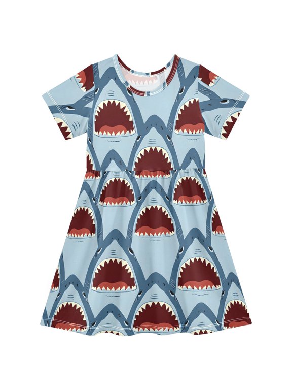 Shark with Open Mouth Pattern Girls Short Sleeve Dress A Line Sun Protection Breathable Comfort Sundress 7-8T