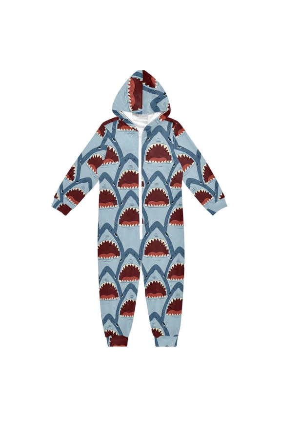 Shark with Open Mouth Pattern One Piece Pajamas Soft Jumpsuit Cozy Sleep and Play Romper Zipper and Pockets 4T